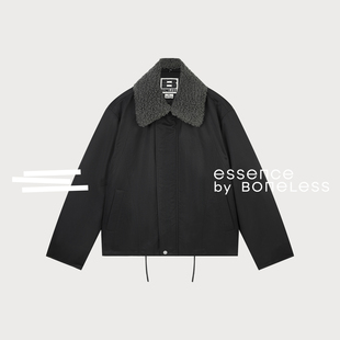 打褶短款夹克黑色抽绳宽松可拆毛领外套支线Essence by BONELESS