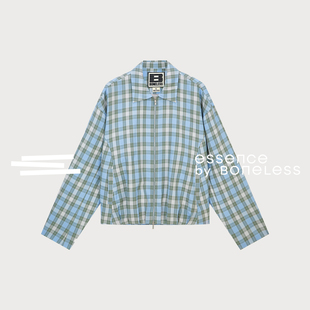 灰蓝格子收褶下摆短款薄夹克皮牌外套支线Essence by BONELESS