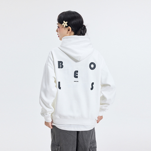 BONELESS日系简约字母厚板印花连帽卫衣秋季新款宽松重磅情侣帽衫