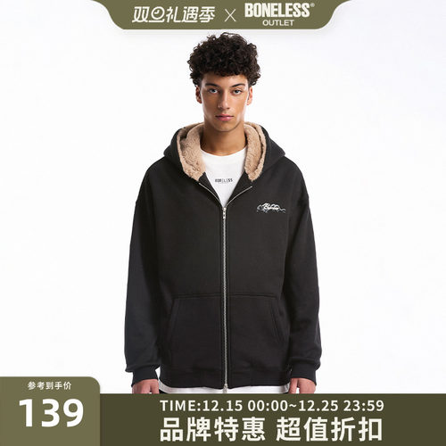 BONELESS图案印花仿貂毛拉链连帽卫衣宽松加绒保暖街头潮牌帽衫冬