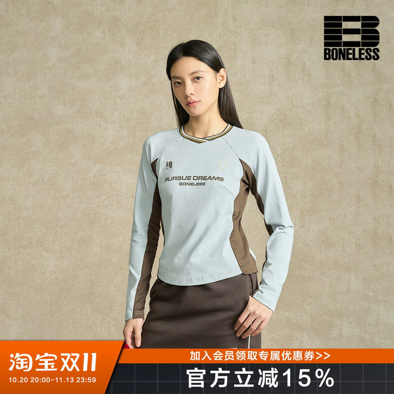 BONELESS结构分割长袖T恤圆领运动撞色拼接上衣宽松百搭打底衫女