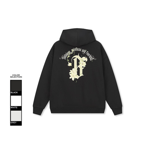 BONELESS基础哥特B香水百合印绣连帽卫衣秋季宽松重磅情侣帽衫潮