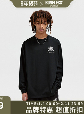 BONELESS学院风长袖T恤春季复古个性印花打底衫纯色高街上衣男