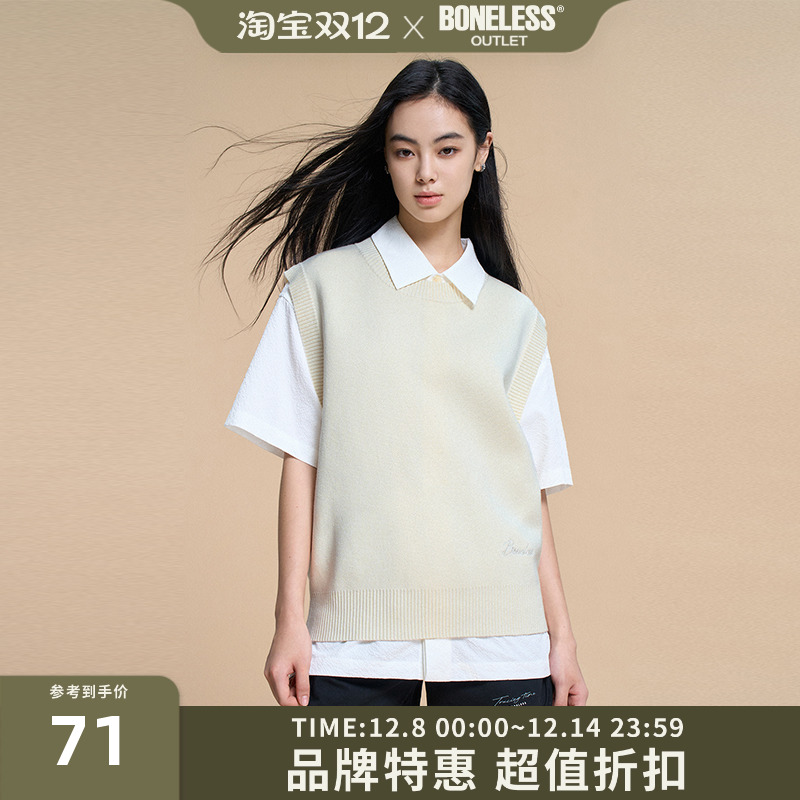 BONELESS休闲基础宽松针织马甲纯棉宽松圆领无袖毛衣刺绣logo背心