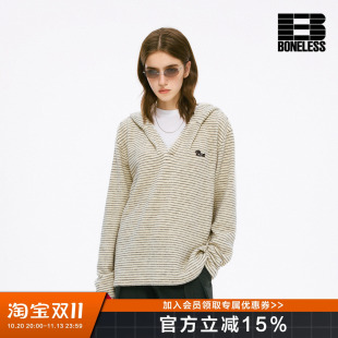 BONELESS奔跑小狗刺绣章仔仿兔毛条纹长袖针织衫趣味百搭亲肤上衣