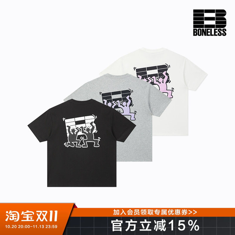 BONELESS趣味绒面印花显瘦短袖T恤挺括日常通勤休闲圆领体恤上衣