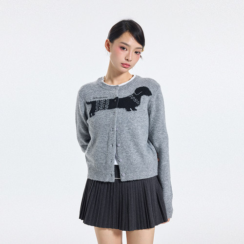 BONELESS花纹腊肠狗提花针织开衫秋冬新款宽松保暖弹力趣味毛衣女