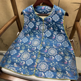 三马宋锦100%桑蚕丝50姆米深蓝色敦煌飞天兔A版老宋锦马甲新中式