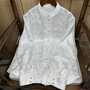 国风气质 新中式 100%桑蚕丝40姆米重缎海水江崖纹提花衬衫 对襟衬衫