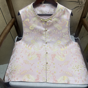 满分桑蚕丝淡粉色双凤戏莲老宋锦织金马甲新中式国风气质马甲