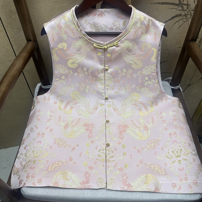 满分桑蚕丝淡粉色双凤戏莲老宋锦织金马甲新中式国风气质马甲