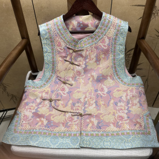 满分桑蚕丝四重围老宋锦琵琶襟粉色麒麟马甲新中式国风气质显瘦款