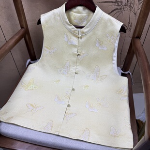 100%桑蚕丝米黄色晴川戏蝶40姆米老宋锦马甲新中式国风复古立领