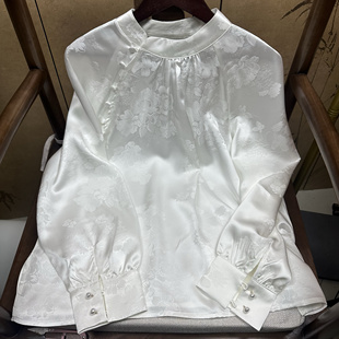 100%桑蚕丝40姆米提花重缎斜襟衬衫新中式春秋内搭时尚衬衫