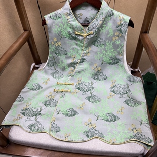 满分桑蚕丝四重维老宋锦春和景明斜襟马甲新中式 国风气质马甲绿色