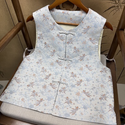 三马宋锦100%桑蚕丝真丝金鱼桂花对襟马甲国风气质新款三档本布扣