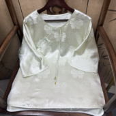 100%桑蚕丝45姆米提花重缎蝴蝶上衣青色半袖 新中式 国风气质上衣