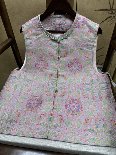 满分桑蚕丝织金彩铃宝相花老宋锦马甲国风新款新中式马夹宋锦