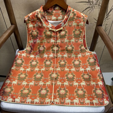 100%桑蚕丝35姆米福禄双收老宋锦马甲新中式国风气质橙色马甲新款
