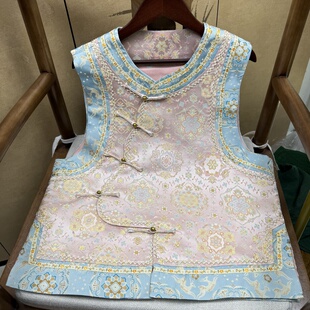 满分桑蚕丝四重围老宋锦琵琶襟粉色冰淇淋拼布马甲新中式国风气质