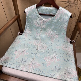 三马宋锦100%桑蚕丝浅色蓝桂花织金马甲新中式显瘦款花瓣马甲2026