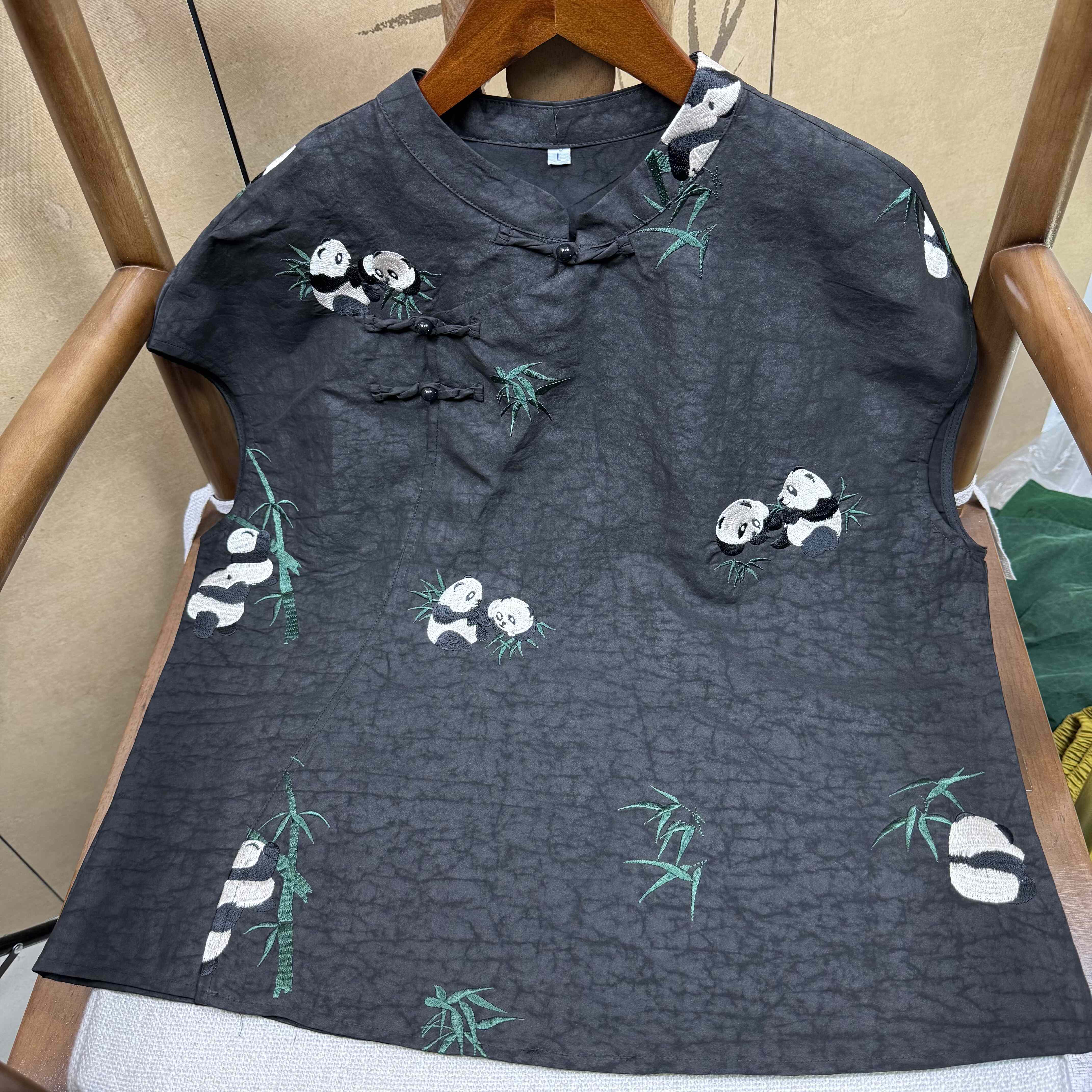 100%桑蚕丝香云纱老料真丝刺绣龟裂纹设计款短袖上衣凉快气质显瘦