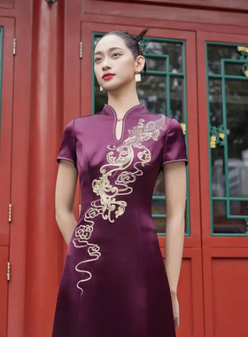 17809朱紫褕中国风旗袍显瘦气质复古民族风优雅修身中长款中式
