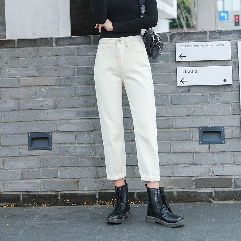 秋冬新款九分牛仔裤女松紧腰弹力高腰宽松修身显瘦老爹直筒萝卜裤