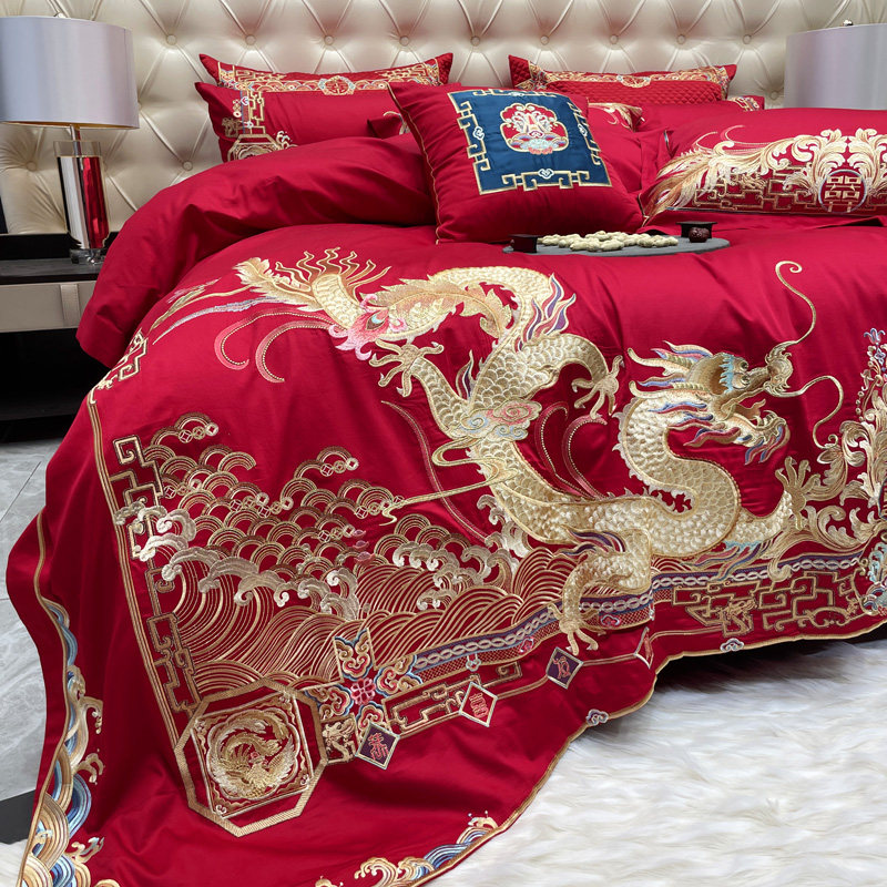 高端婚庆奢华四件套大红色全棉龙凤刺绣床单床盖款结婚床上用品