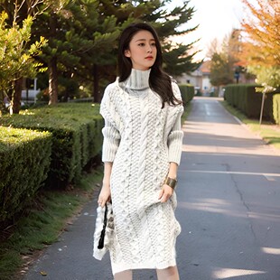 秋冬加厚长款高领套头粗线毛衣韩版慵懒风百搭纯色长袖棒针上衣女