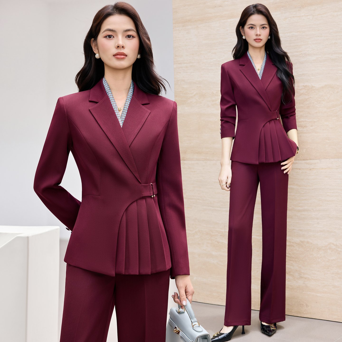 酒红色西装套装女2026新款收腰职业装高级感时尚气质珠宝店工作服
