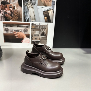 欧货IDO女鞋2025新秋款爆款胎牛皮厚底乐福鞋女时尚质感百搭单鞋