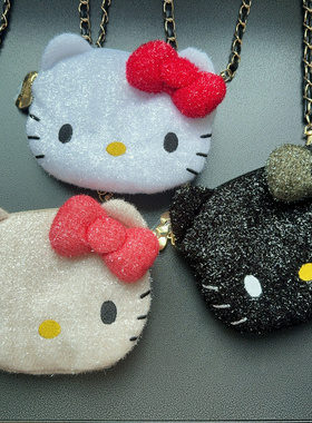 日系猫咪亮闪蝴蝶结收纳包耳机零钱卡包 可爱卡通链条斜挎小包