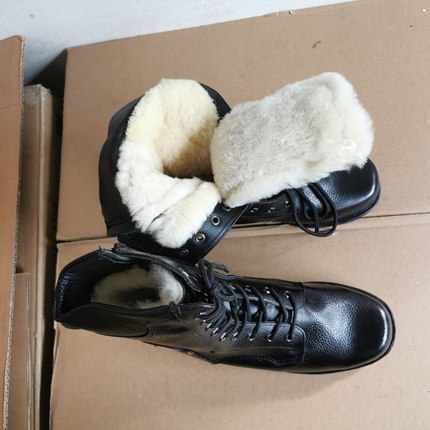 5302库存羊毛靴子男式压花牛皮高帮靴子侧拉链加厚东北真皮大棉靴