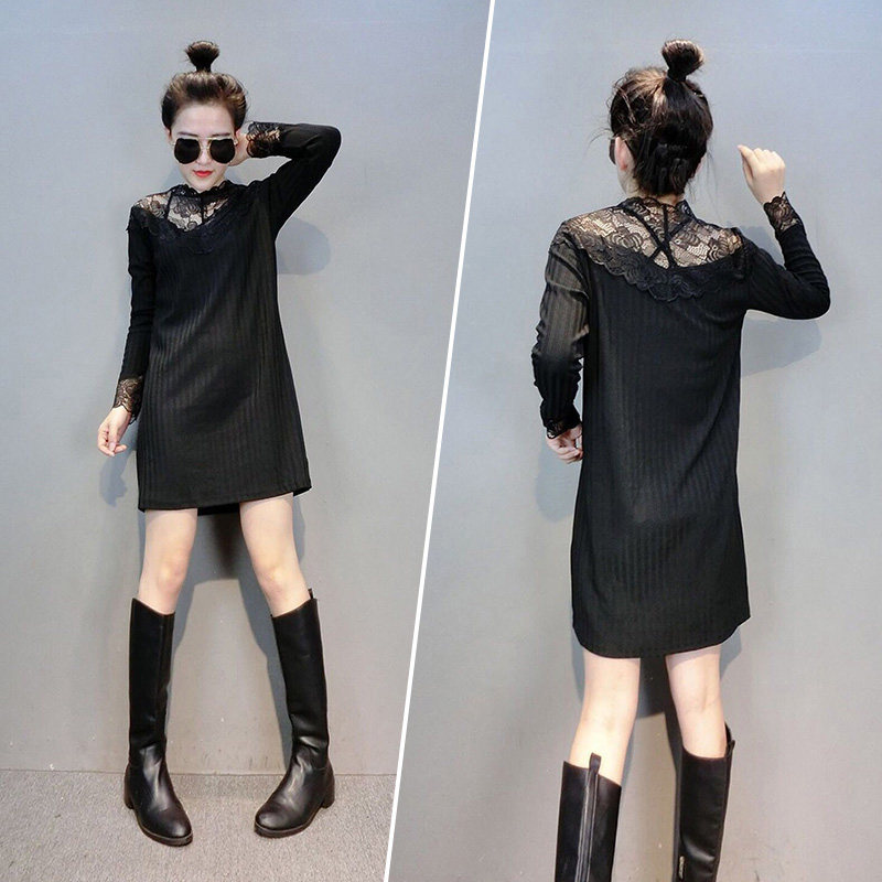 欧洲站冬装女2021新款欧货潮港风减龄内搭加厚坑条镂空蕾丝打底衫