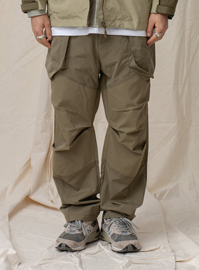 ASHFIRE2021SS异质拼接口袋长裤军绿卡其涤纶男女潮流直筒工装裤
