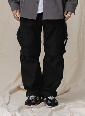 ASHFIRE2021SS两穿大容量口袋长裤黑涤纶可拆卸二合一男女工装裤