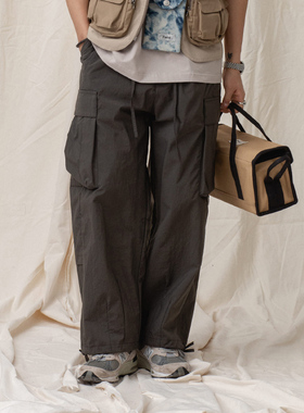 ASHFIRE2021SS大口袋活页长裤灰色卡其锦纶直筒工装裤男女潮流