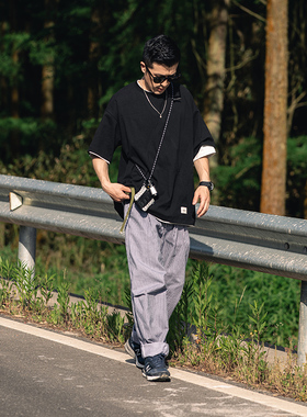 ASHFIRE2021SS宽松百搭条纹长裤深蓝白工装裤印花户外男女同款棉