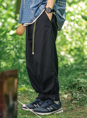 ASHFIRE2021SS纯棉宽松收脚长裤卡其黑色户外工装裤纯色男女同款