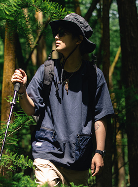 ASHFIRE2021SS户外计划异质拼接网袋T恤印花口袋休闲咖色男女纯棉