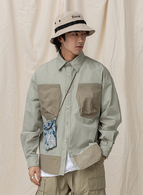 ASHFIRE2021SS金属光感口袋衬衫灰色锦纶男女潮流尖领休闲长袖