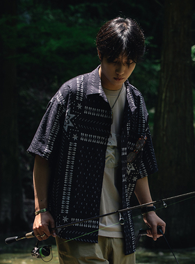 ASHFIRE2021SS气象印花泡泡纱短袖衬衫宽松休闲潮流衬衣黑男户外