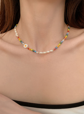 珍珠项链多巴胺彩色锁骨串珠款女