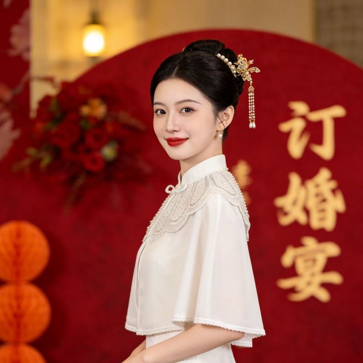 中国风重工蕾丝披肩女白色旗袍外搭百搭短款云肩气质搭配