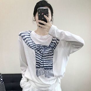 港风别致条纹披肩印花时尚长袖防晒T恤女夏季轻薄外搭显瘦罩衫潮