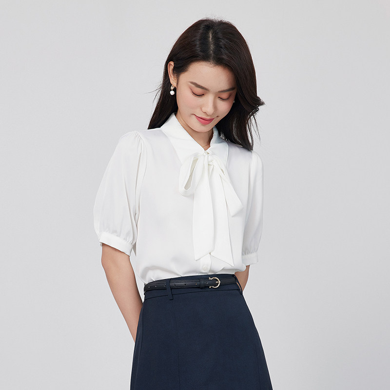 达佳诗蓝色蝴蝶结衬衫女缎面气质上衣飘带可拆卸夏季短袖通勤衬衣