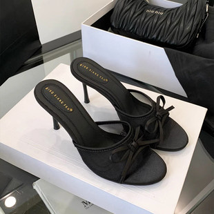 外穿露趾高跟拖鞋 时尚 新款 女2026年夏季 气质网纱透气细跟一字拖鞋