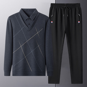 爸爸春装套装春秋长袖t恤男休闲polo衫父亲中老年两件套加大衣服