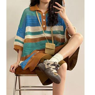 2季美式覆胺色条空针织袖OO衫T恤衣205夏古多巴撞纹镂短PL上女